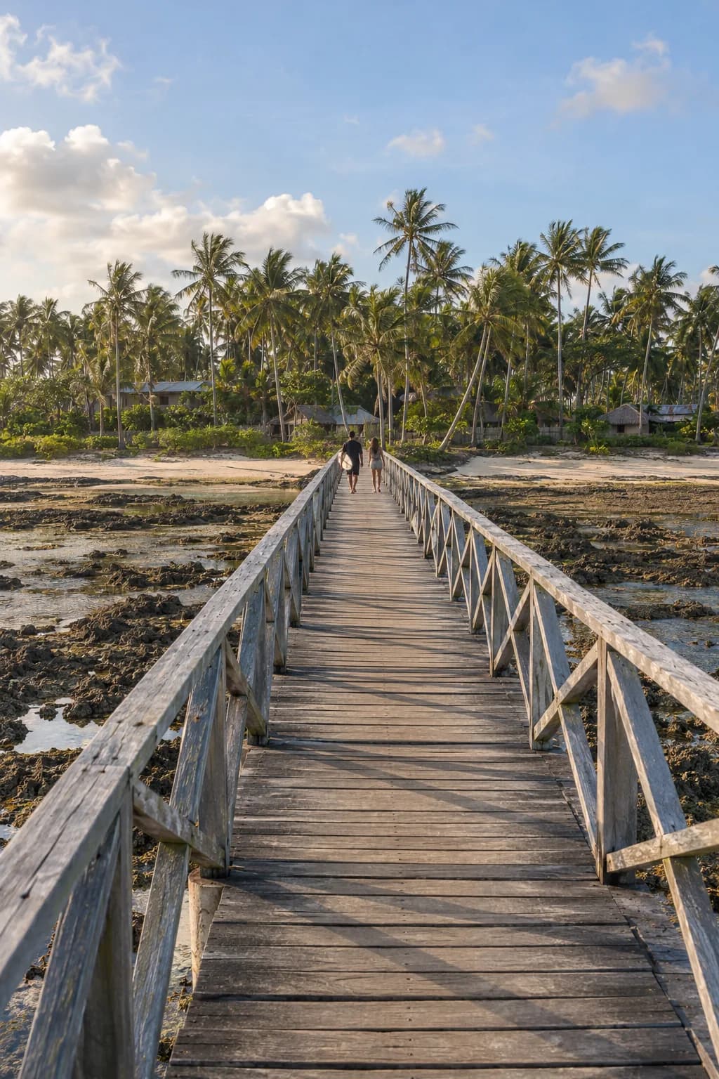 The Cloud 9 boardwalk over the reef at low tide, looking back to the palms of Catangnan
