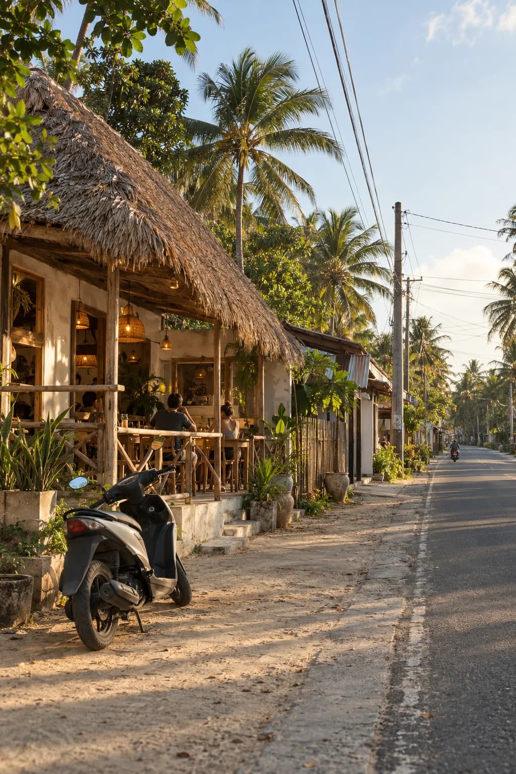 A thatched café on Tourism Road, General Luna, late afternoon
