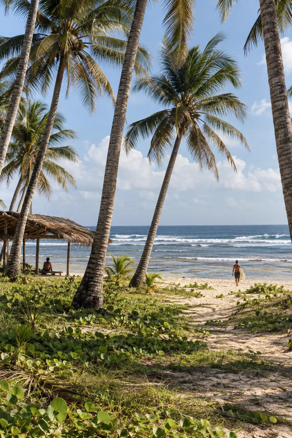 Coconut palms and the reef break at Pacifico beach, north-east Siargao